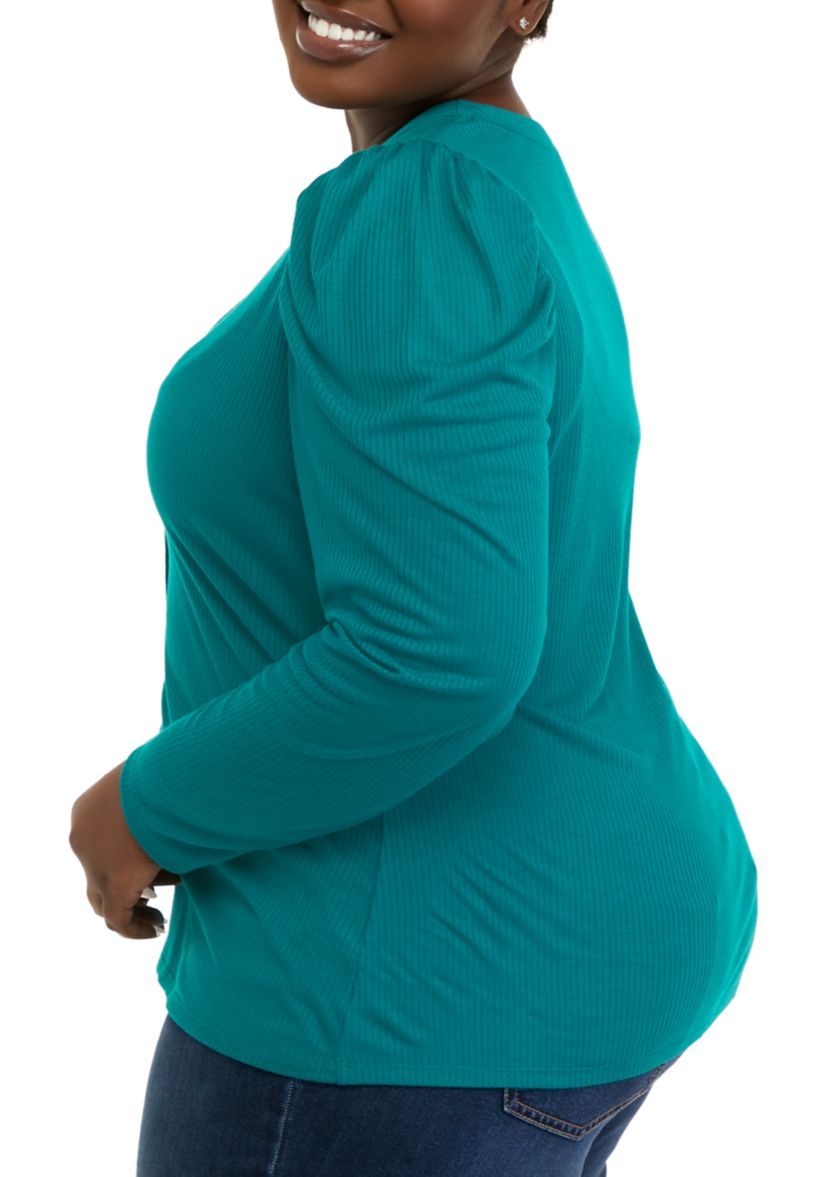 Plus Size Puff Sleeve Ribbed Henley Shirt 