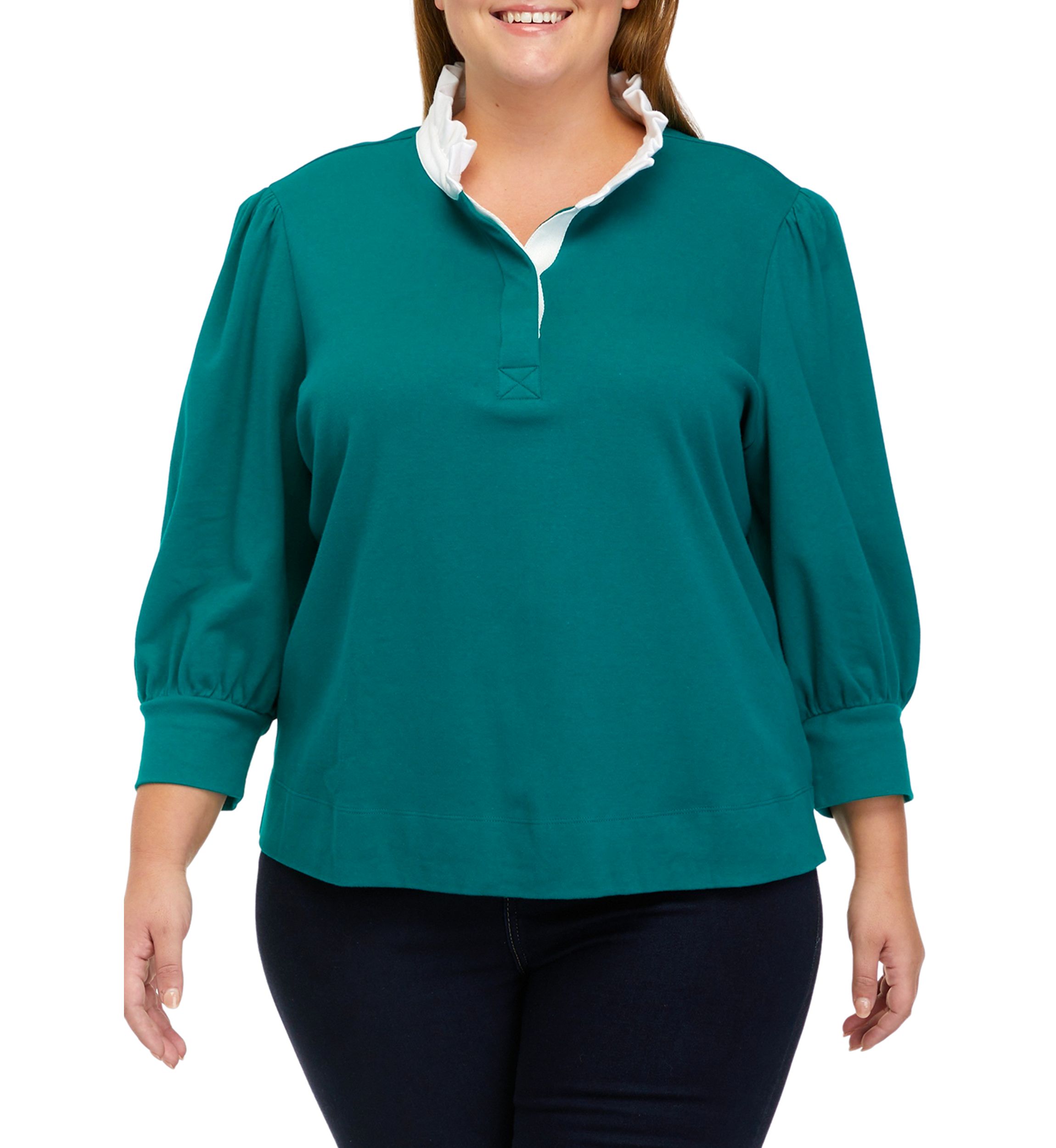 Plus Size 3/4 Sleeve Swing Ruffle Polo Shirt