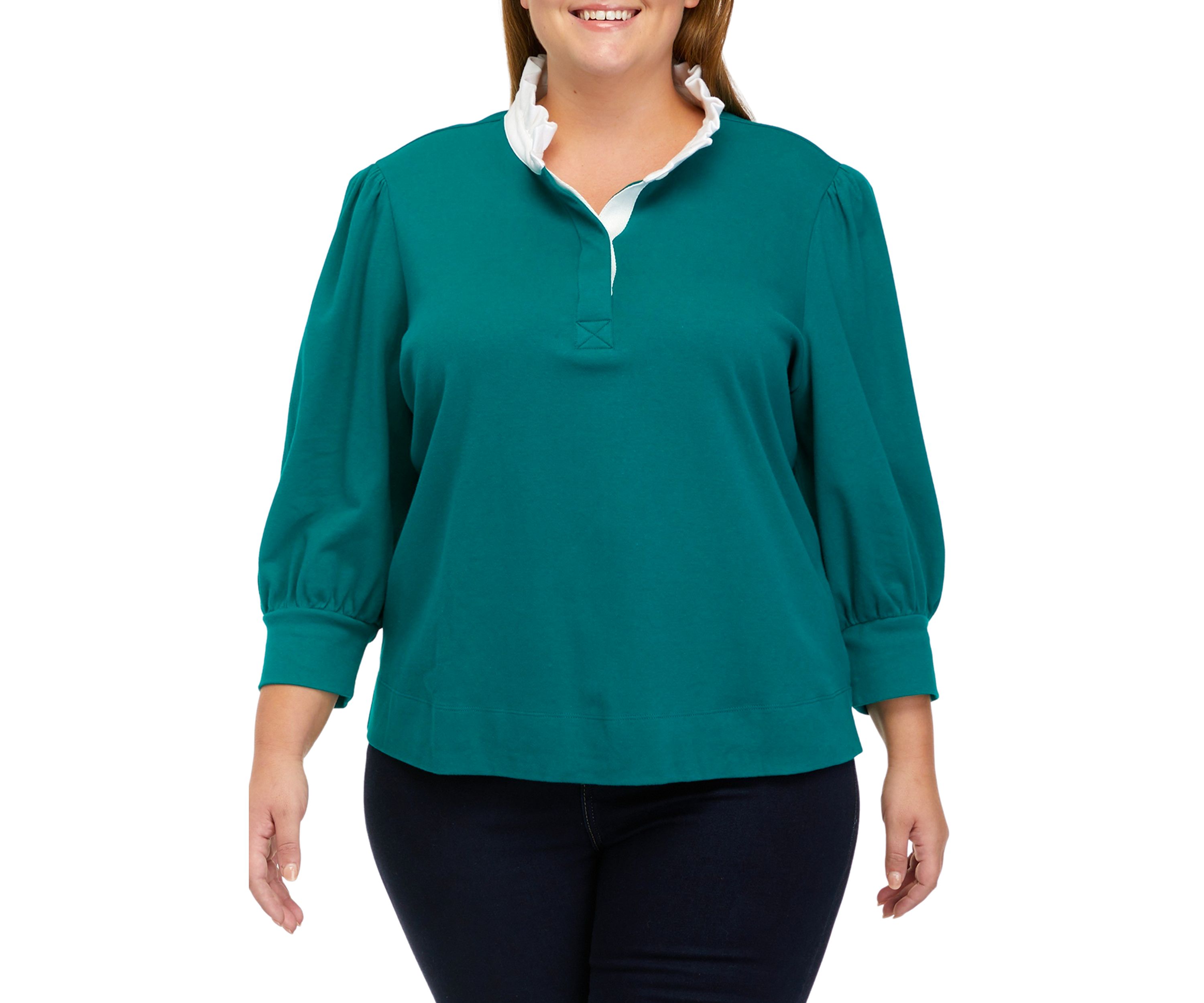 Plus Size 3/4 Sleeve Swing Ruffle Polo Shirt