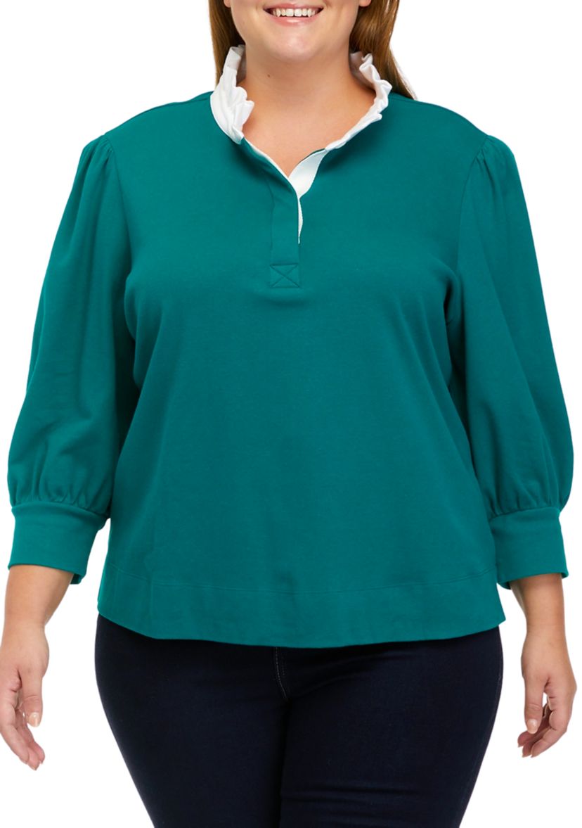 Plus Size 3/4 Sleeve Swing Ruffle Polo Shirt