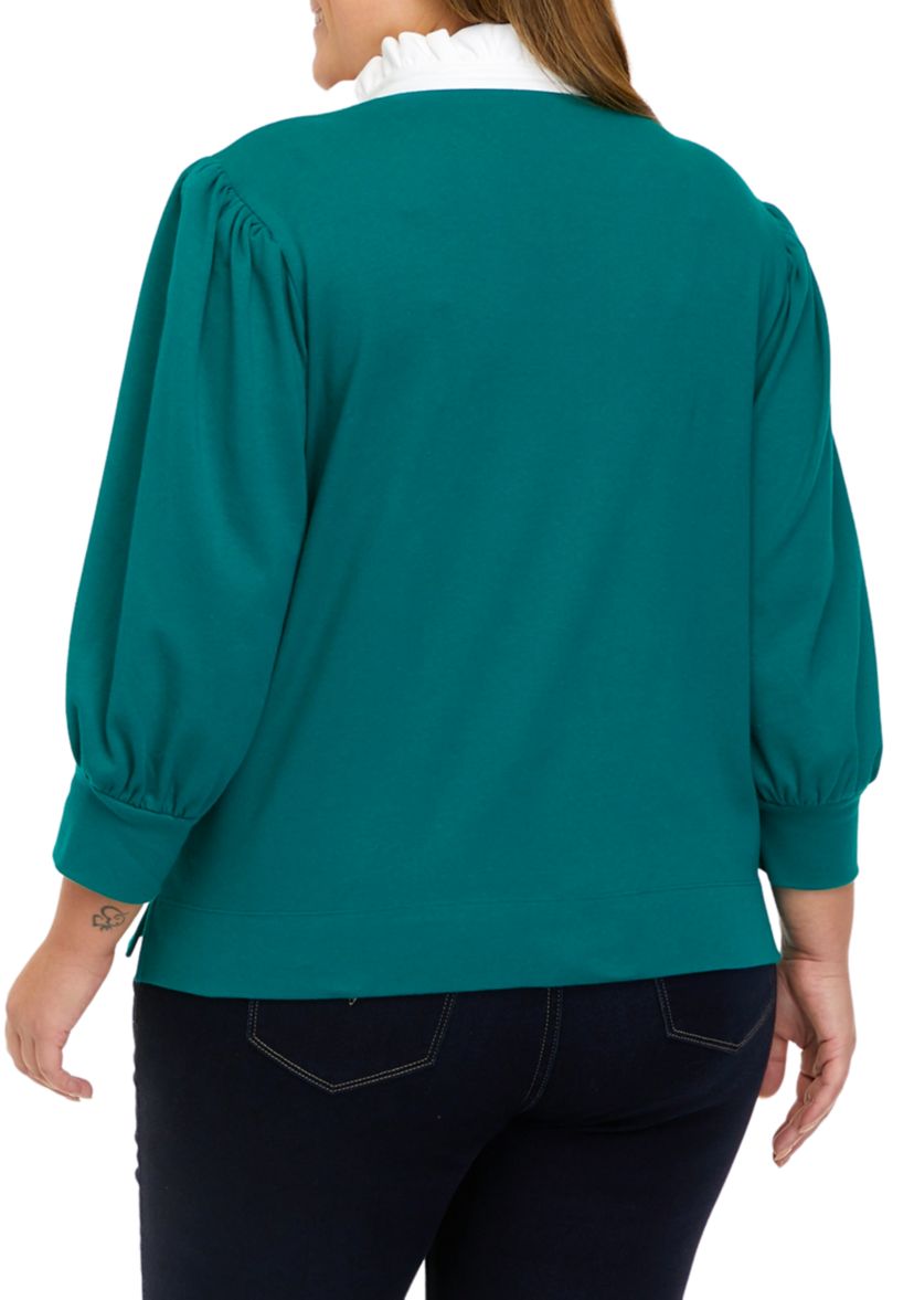 Plus Size 3/4 Sleeve Swing Ruffle Polo Shirt