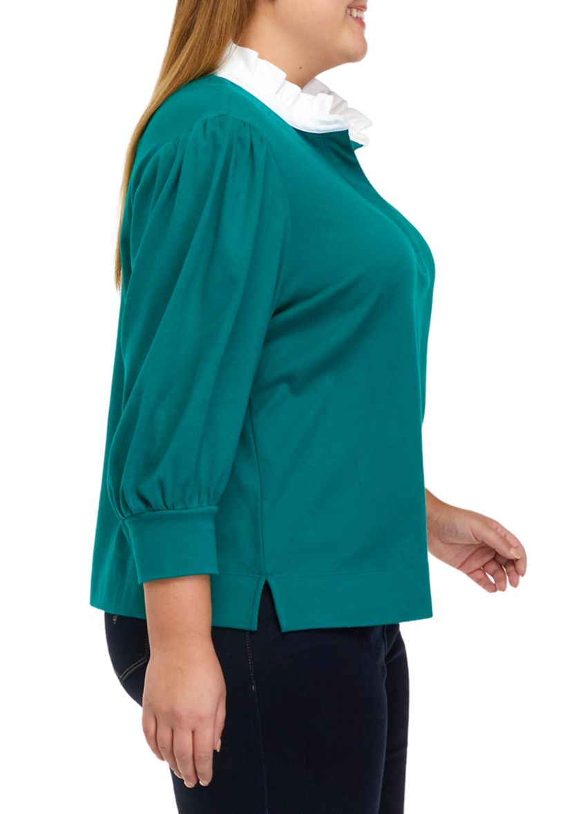 Plus Size 3/4 Sleeve Swing Ruffle Polo Shirt