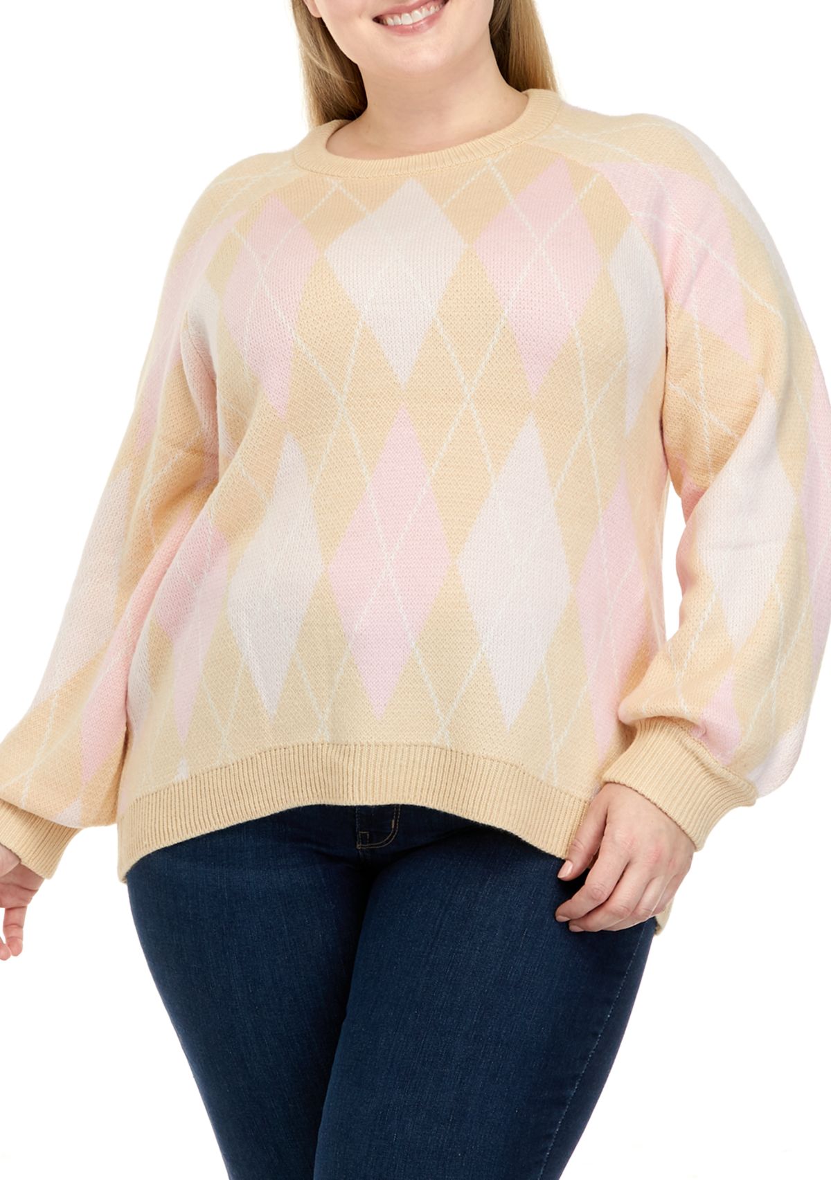Plus Size Long Sleeve Argyle Jacquard Crew Neck Sweater