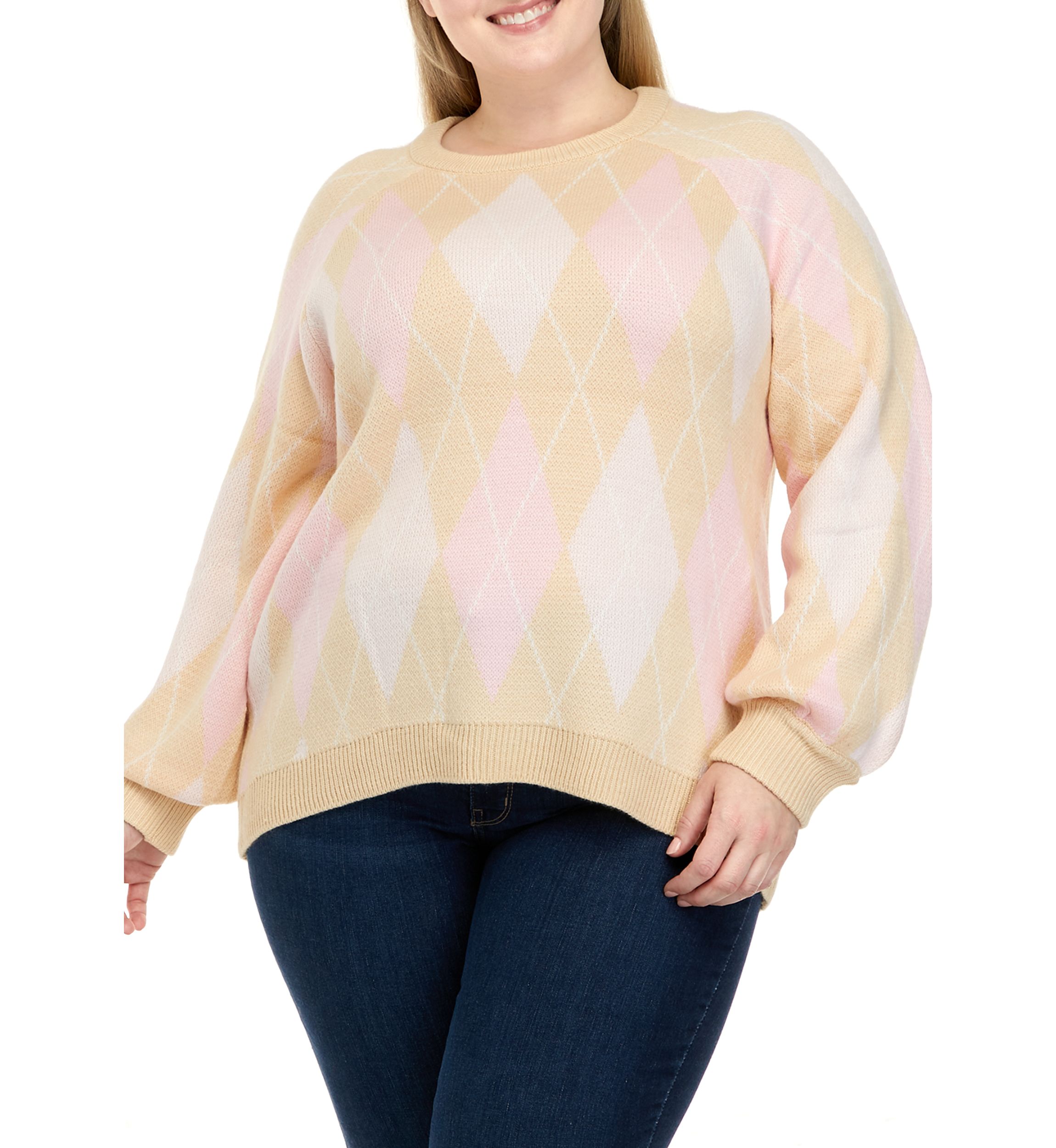 Plus Size Long Sleeve Argyle Jacquard Crew Neck Sweater