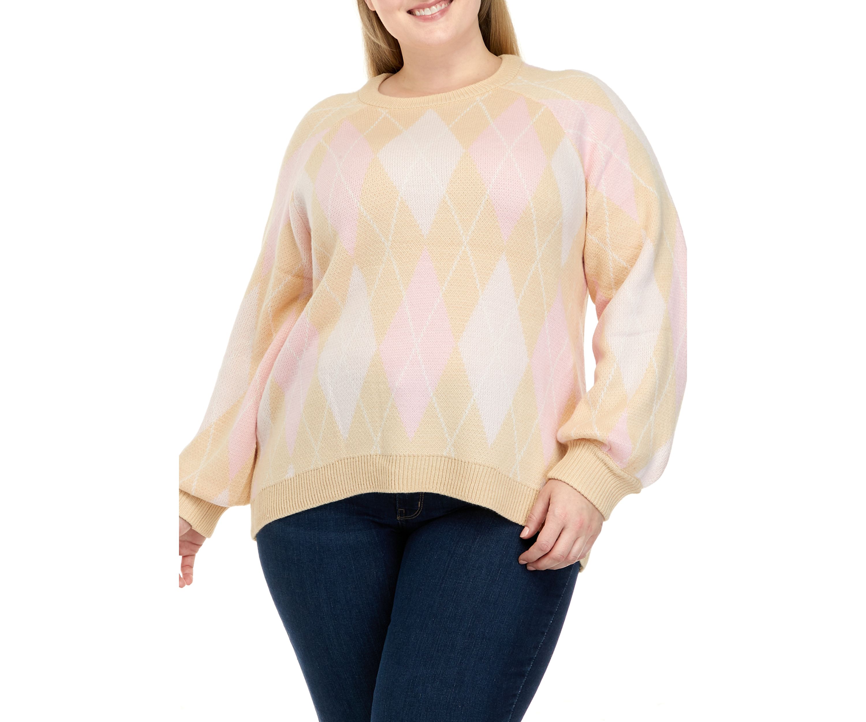 Plus Size Long Sleeve Argyle Jacquard Crew Neck Sweater
