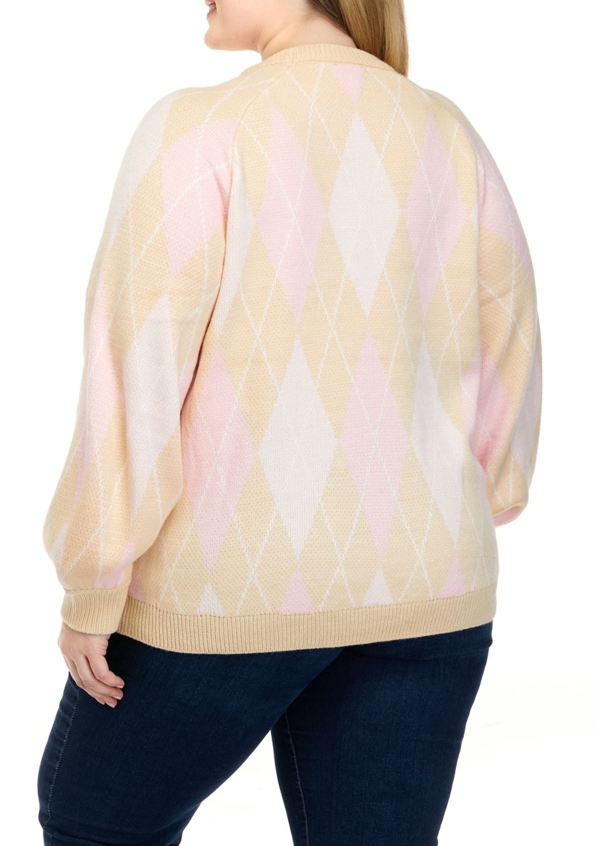 Plus Size Long Sleeve Argyle Jacquard Crew Neck Sweater