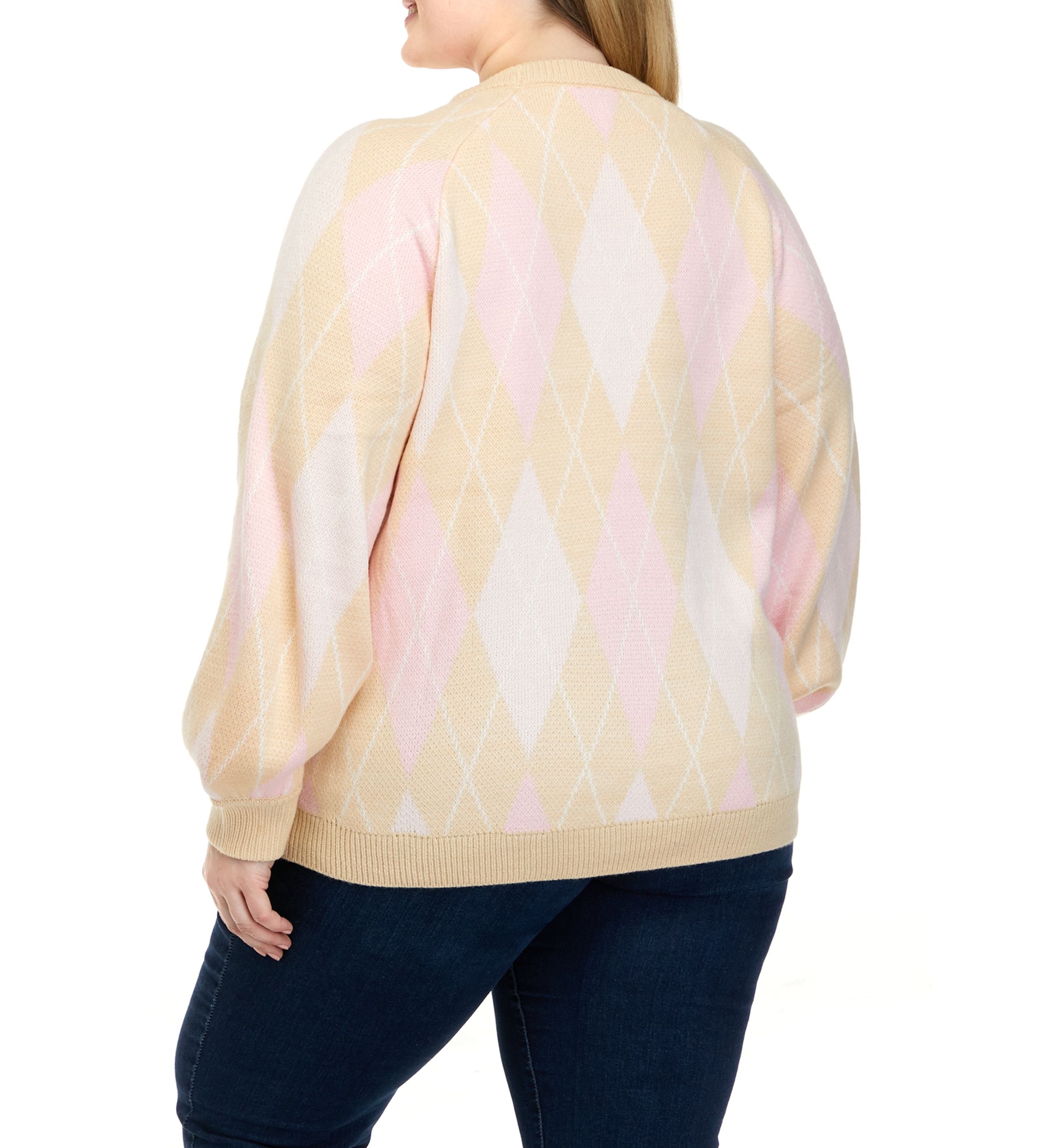 Plus Size Long Sleeve Argyle Jacquard Crew Neck Sweater