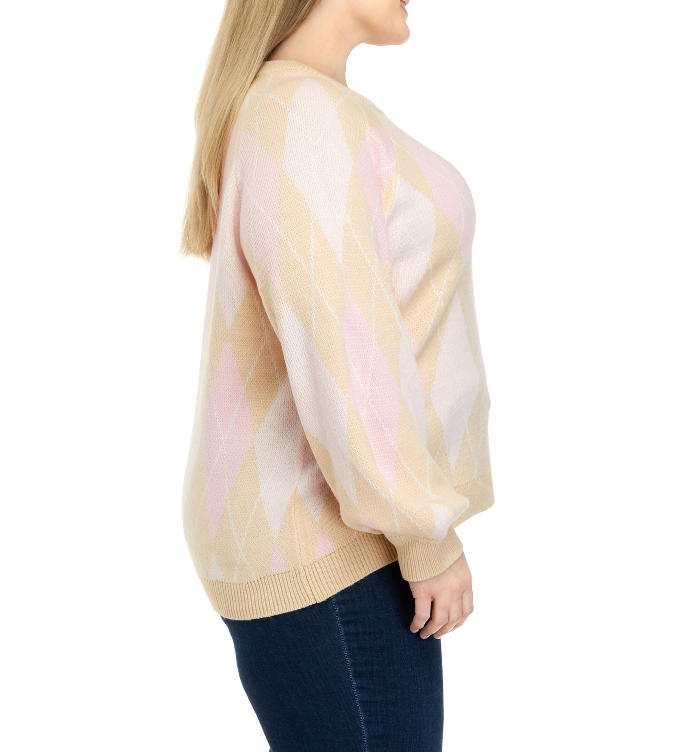 Plus Size Long Sleeve Argyle Jacquard Crew Neck Sweater