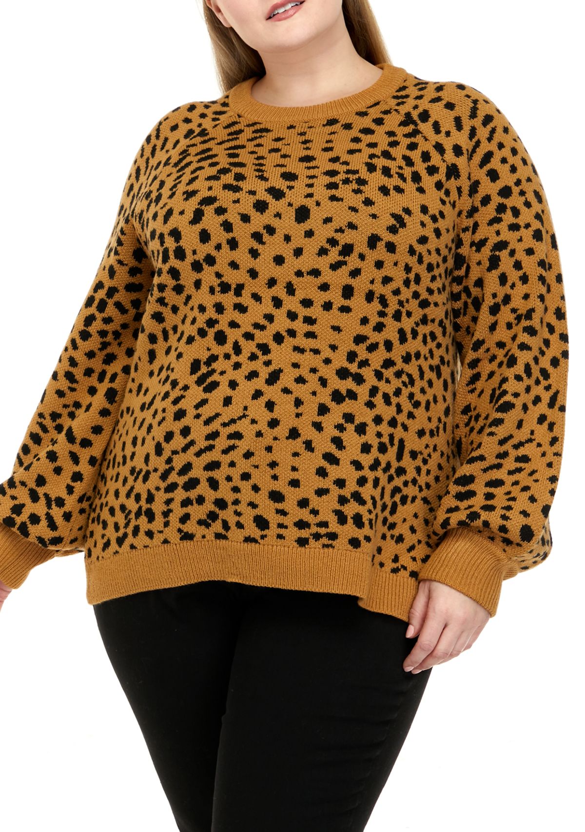 Plus Size Long Sleeve Animal Print Jacquard Crew Neck Sweater