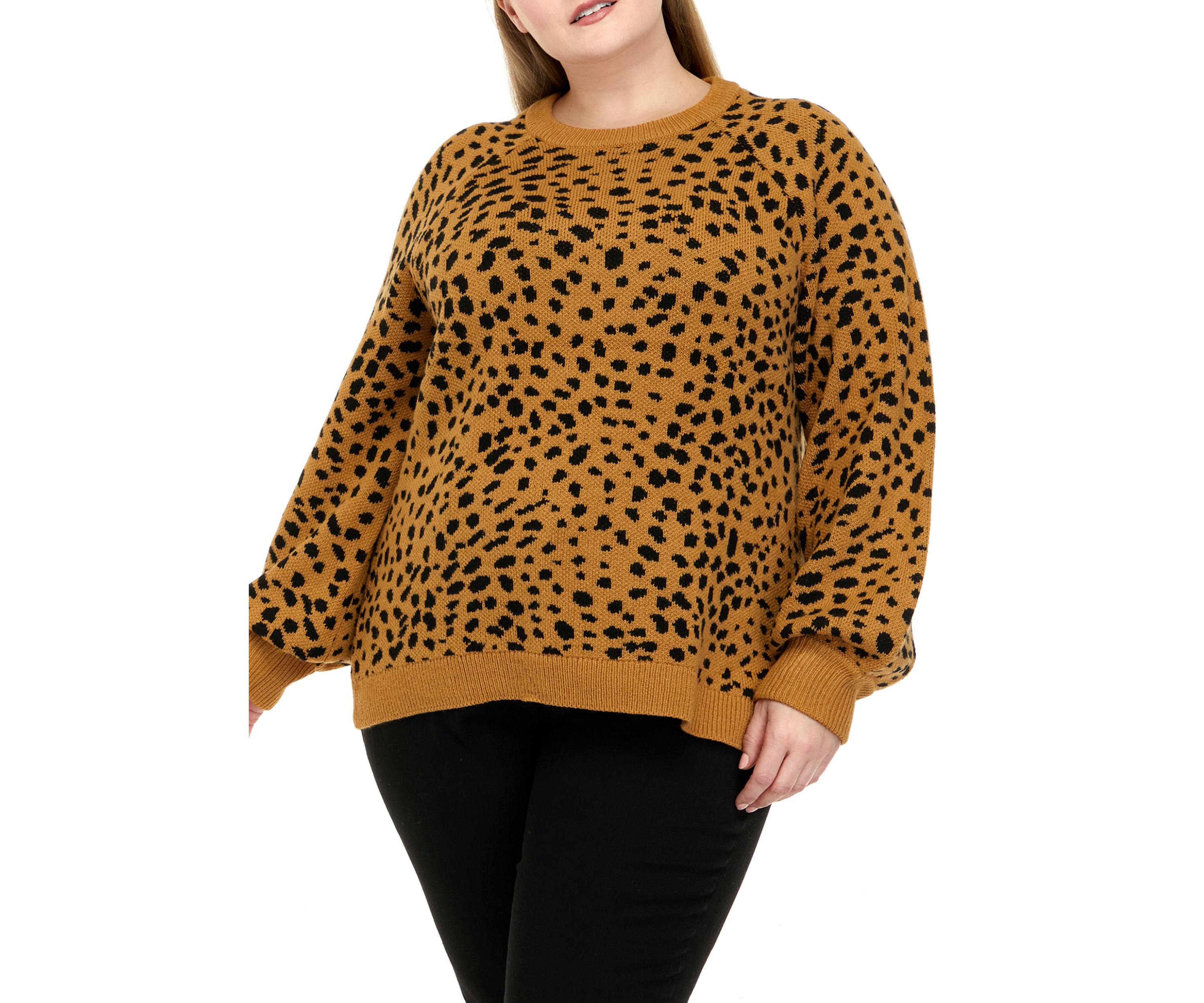 Plus Size Long Sleeve Animal Print Jacquard Crew Neck Sweater