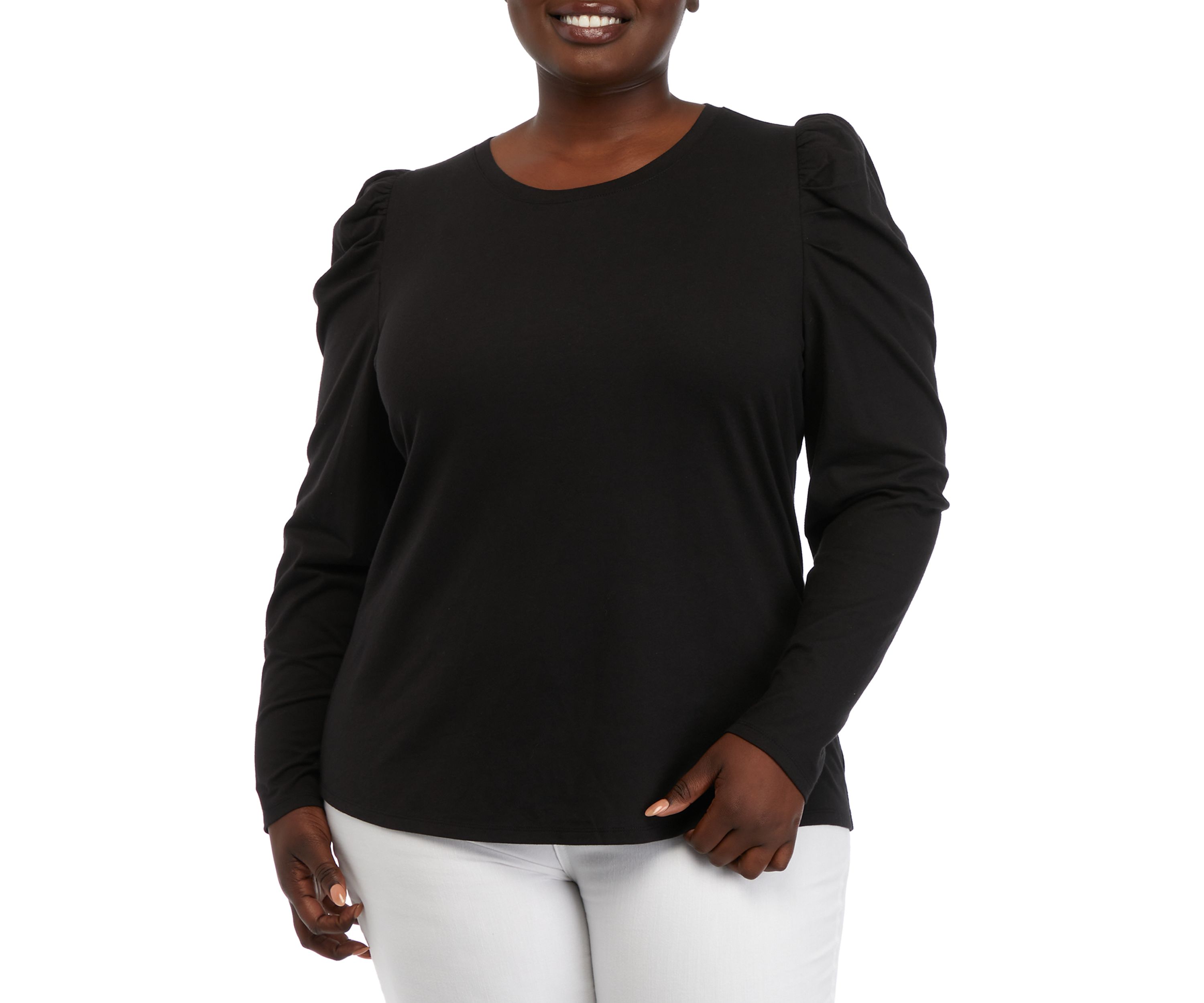 Plus Size Long Sleeve Pleated Shoulder T-Shirt