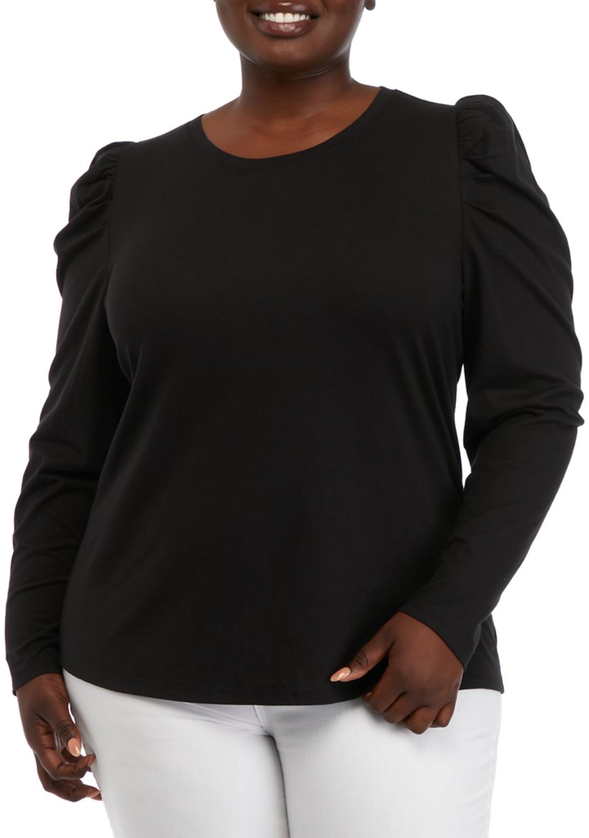 Plus Size Long Sleeve Pleated Shoulder T-Shirt