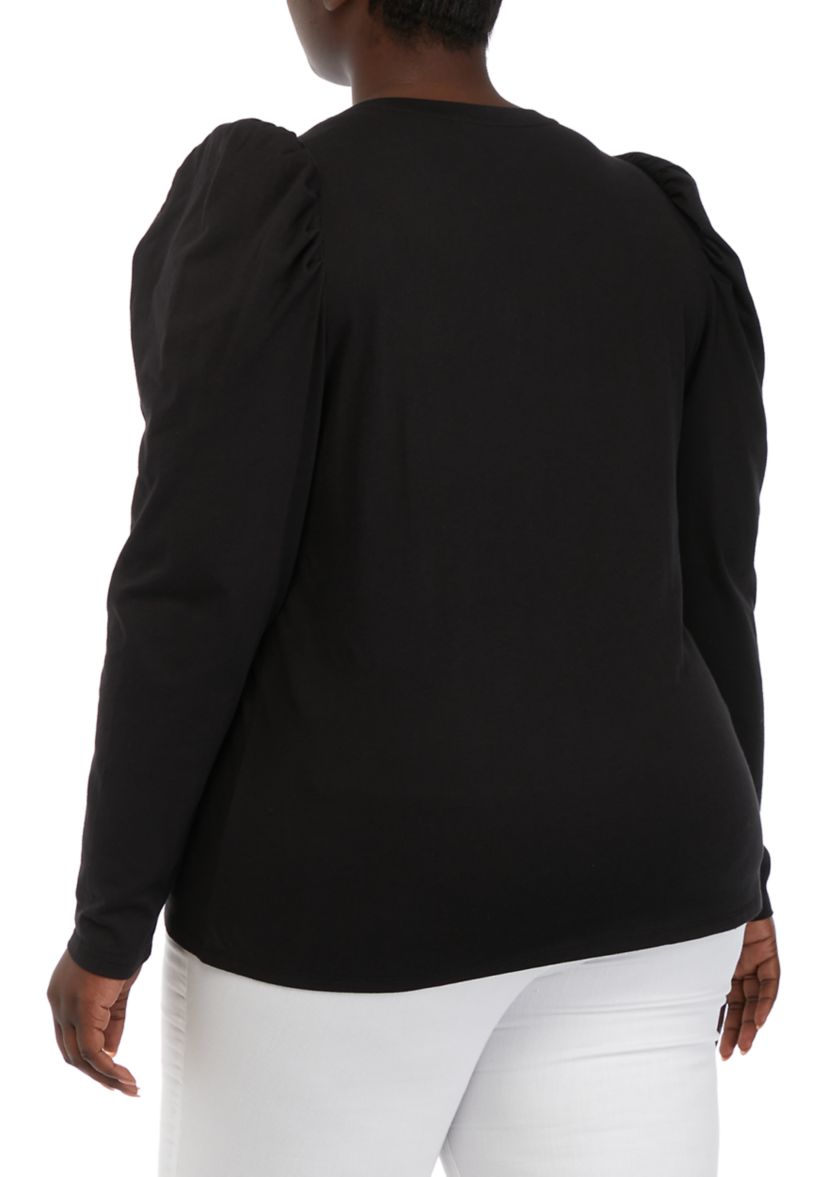 Plus Size Long Sleeve Pleated Shoulder T-Shirt