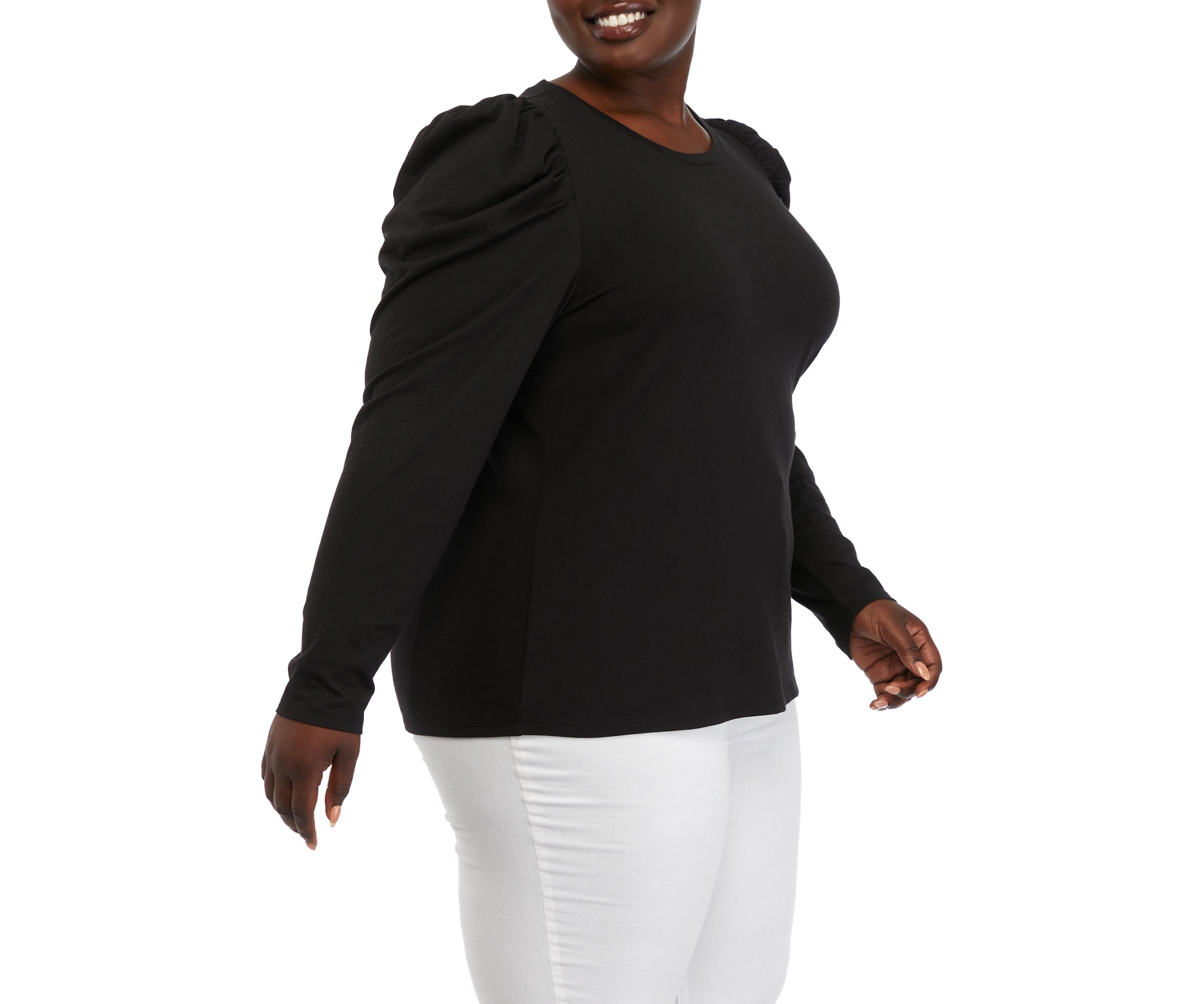 Plus Size Long Sleeve Pleated Shoulder T-Shirt