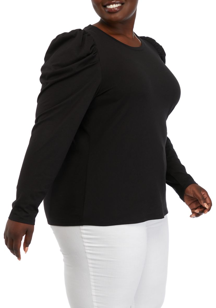 Plus Size Long Sleeve Pleated Shoulder T-Shirt