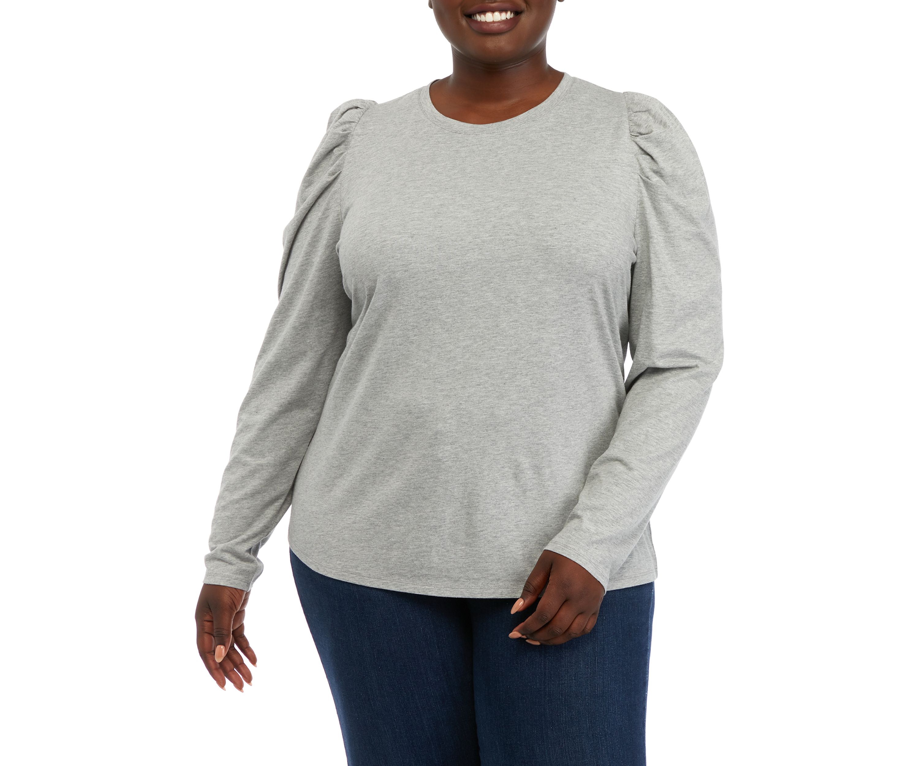 Plus Size Long Sleeve Pleated Shoulder T-Shirt