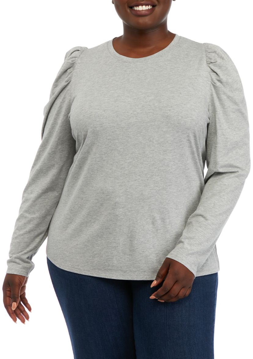 Plus Size Long Sleeve Pleated Shoulder T-Shirt