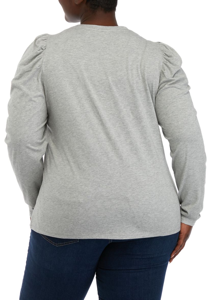 Plus Size Long Sleeve Pleated Shoulder T-Shirt