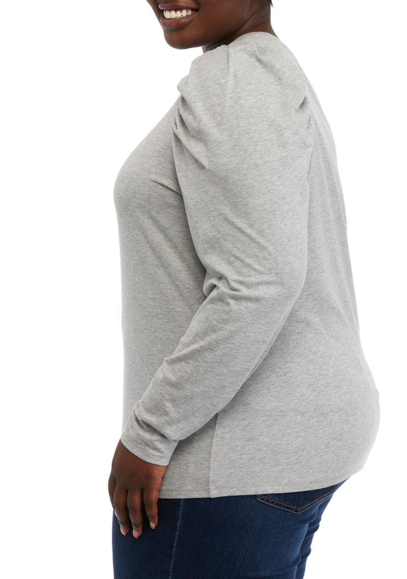 Plus Size Long Sleeve Pleated Shoulder T-Shirt