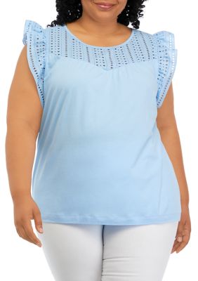 Crown & Ivy Women's Plus Size Flutter Sleeve Eyelet Top -  180439472824SPK000052