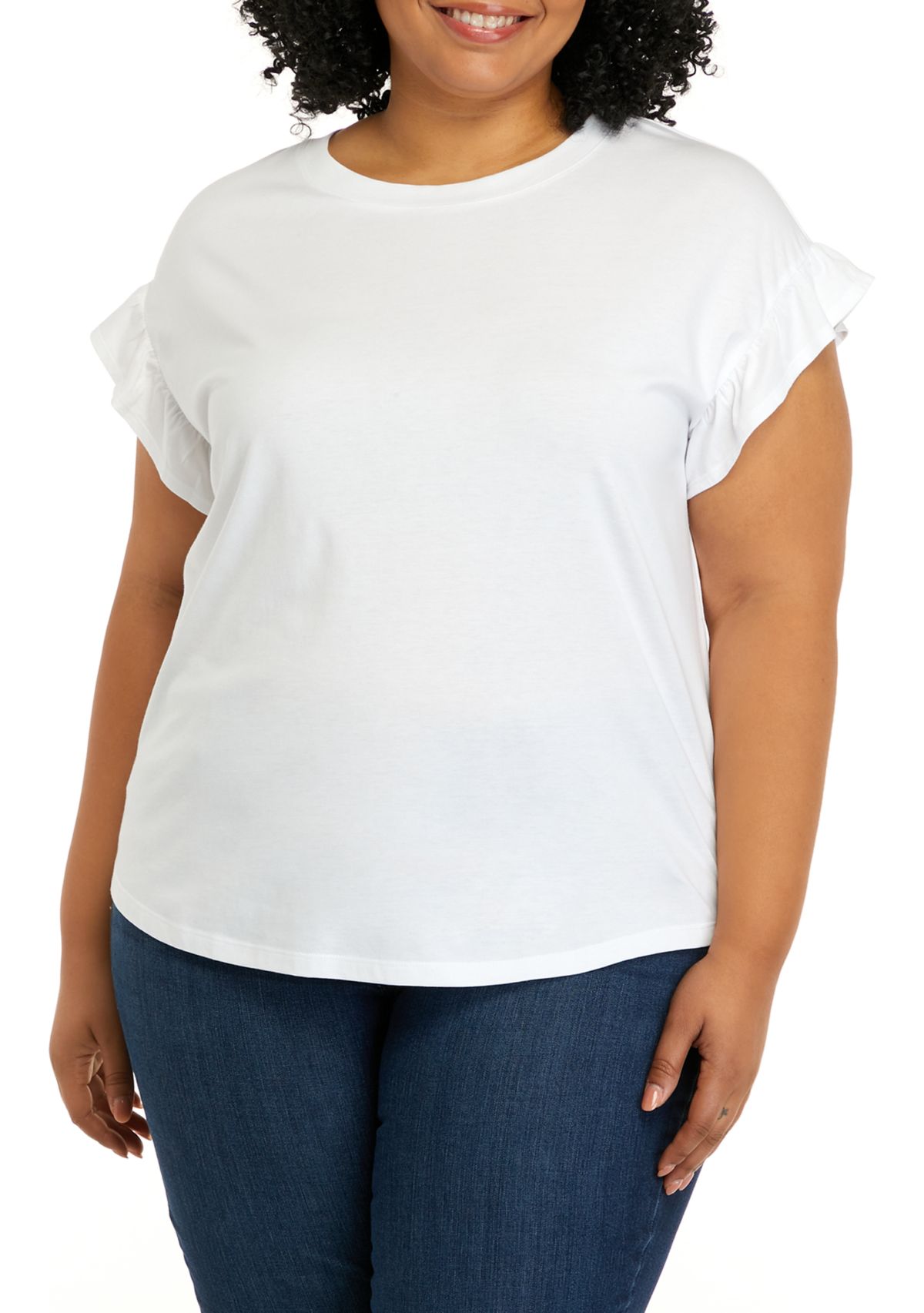 Plus Size Short Ruffle Sleeve Solid T-Shirt