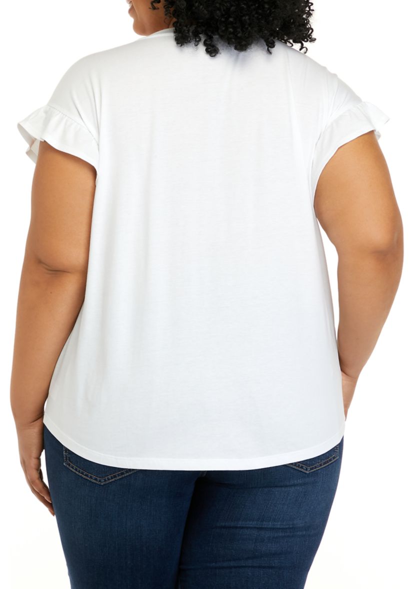 Plus Size Short Ruffle Sleeve Solid T-Shirt