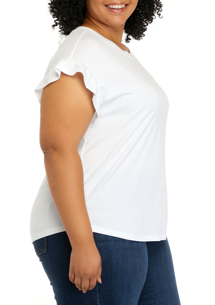 Plus Size Short Ruffle Sleeve Solid T-Shirt
