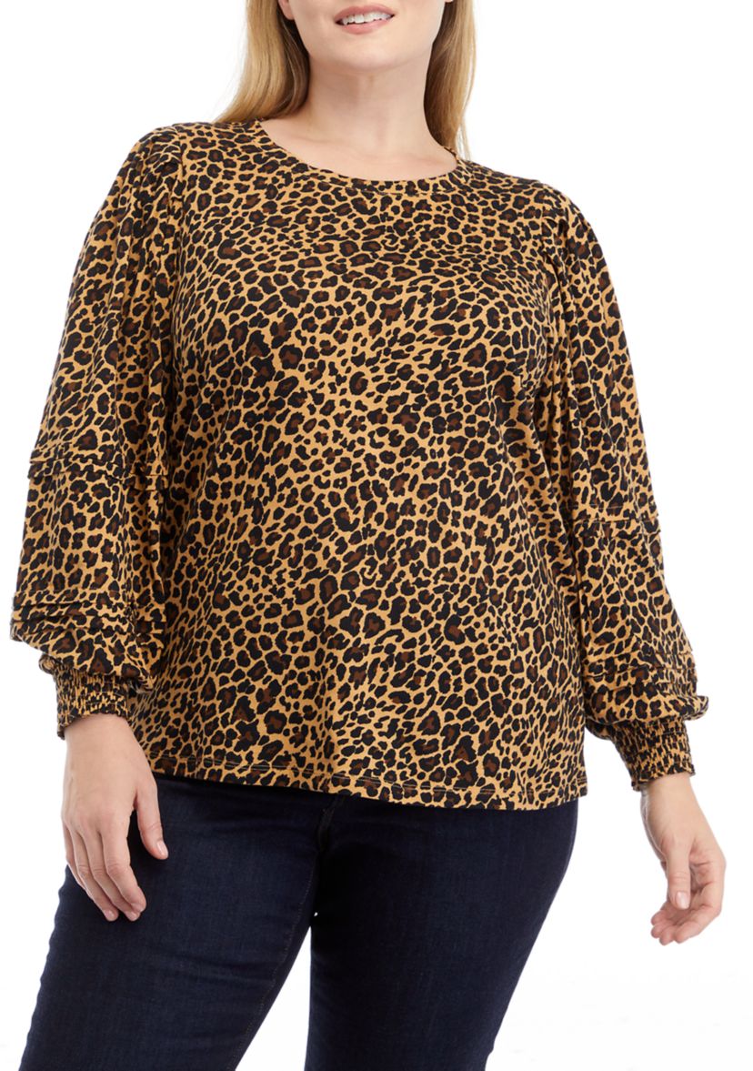 Plus Size Animal Print Pintuck Top 