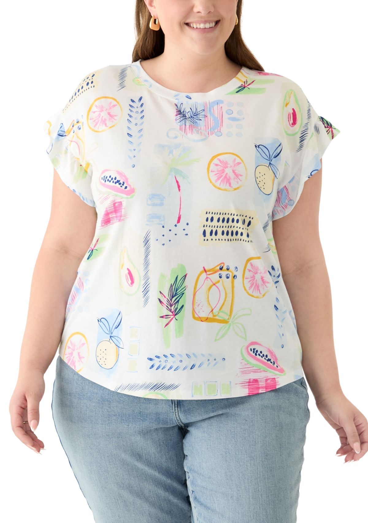 Plus Size Short Ruffle Sleeve Printed T-Shirt