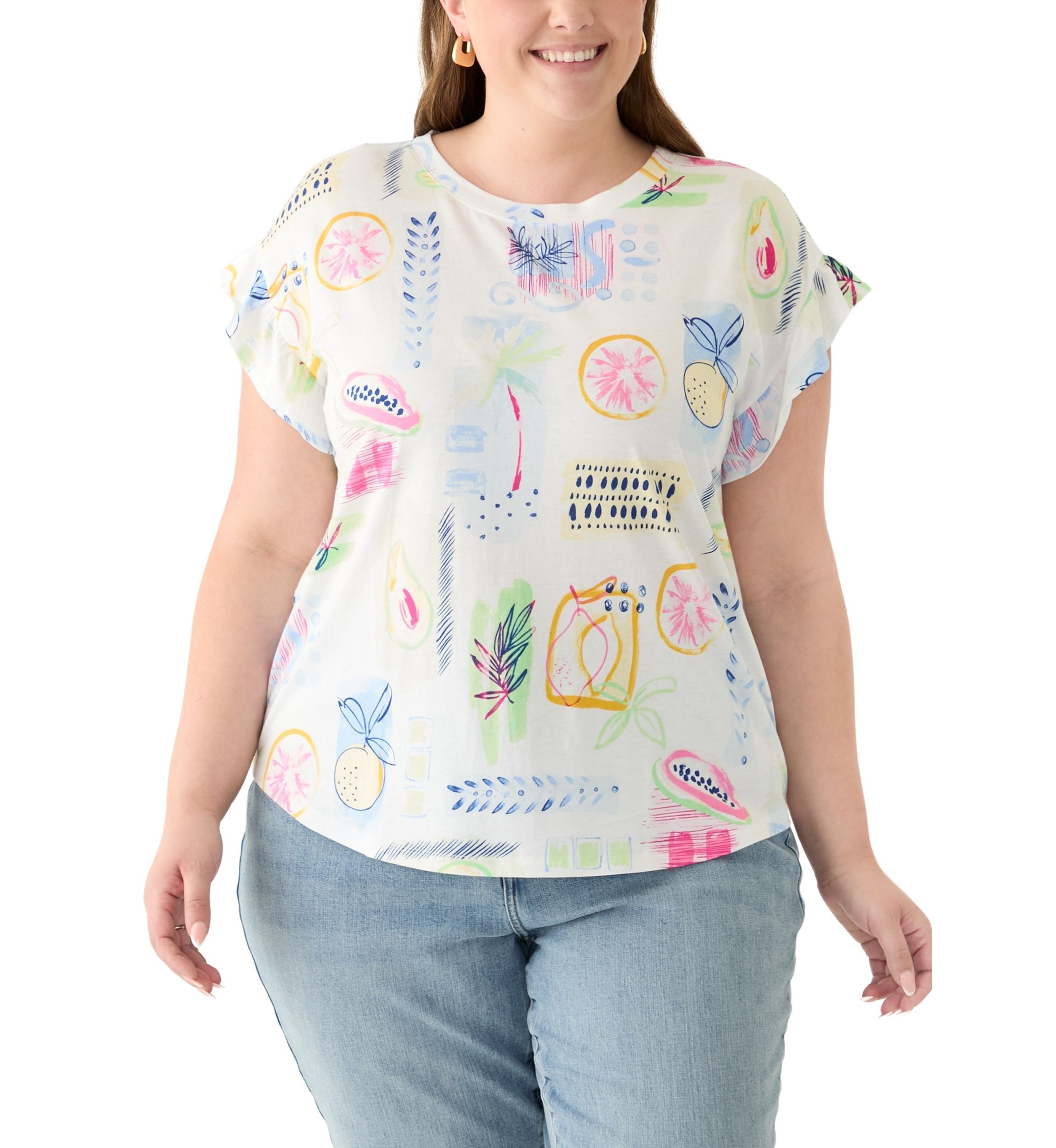Plus Size Short Ruffle Sleeve Printed T-Shirt