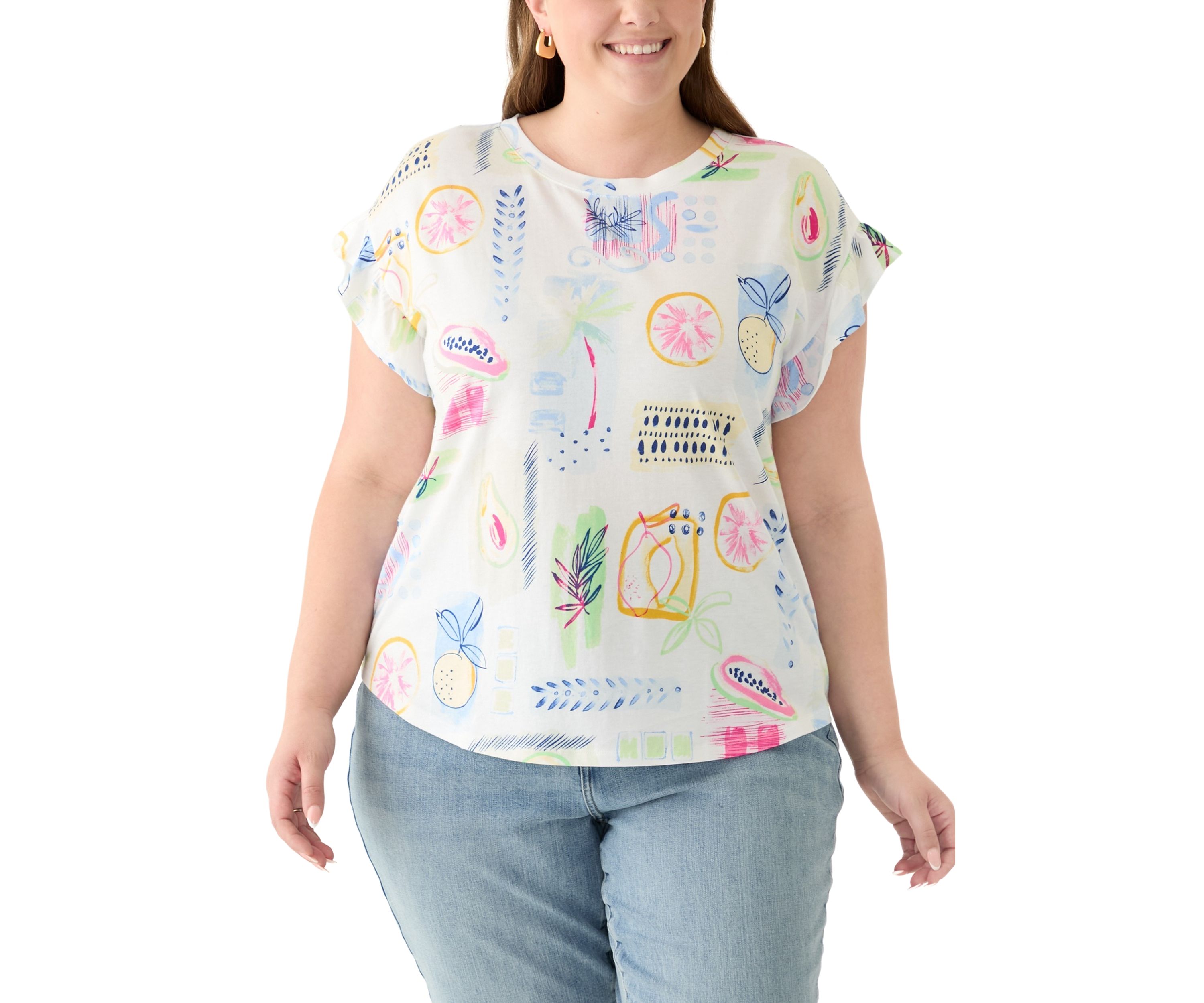 Plus Size Short Ruffle Sleeve Printed T-Shirt