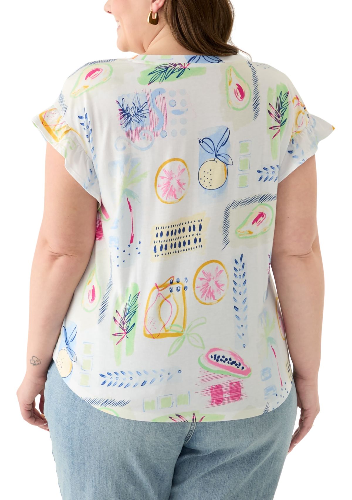 Plus Size Short Ruffle Sleeve Printed T-Shirt