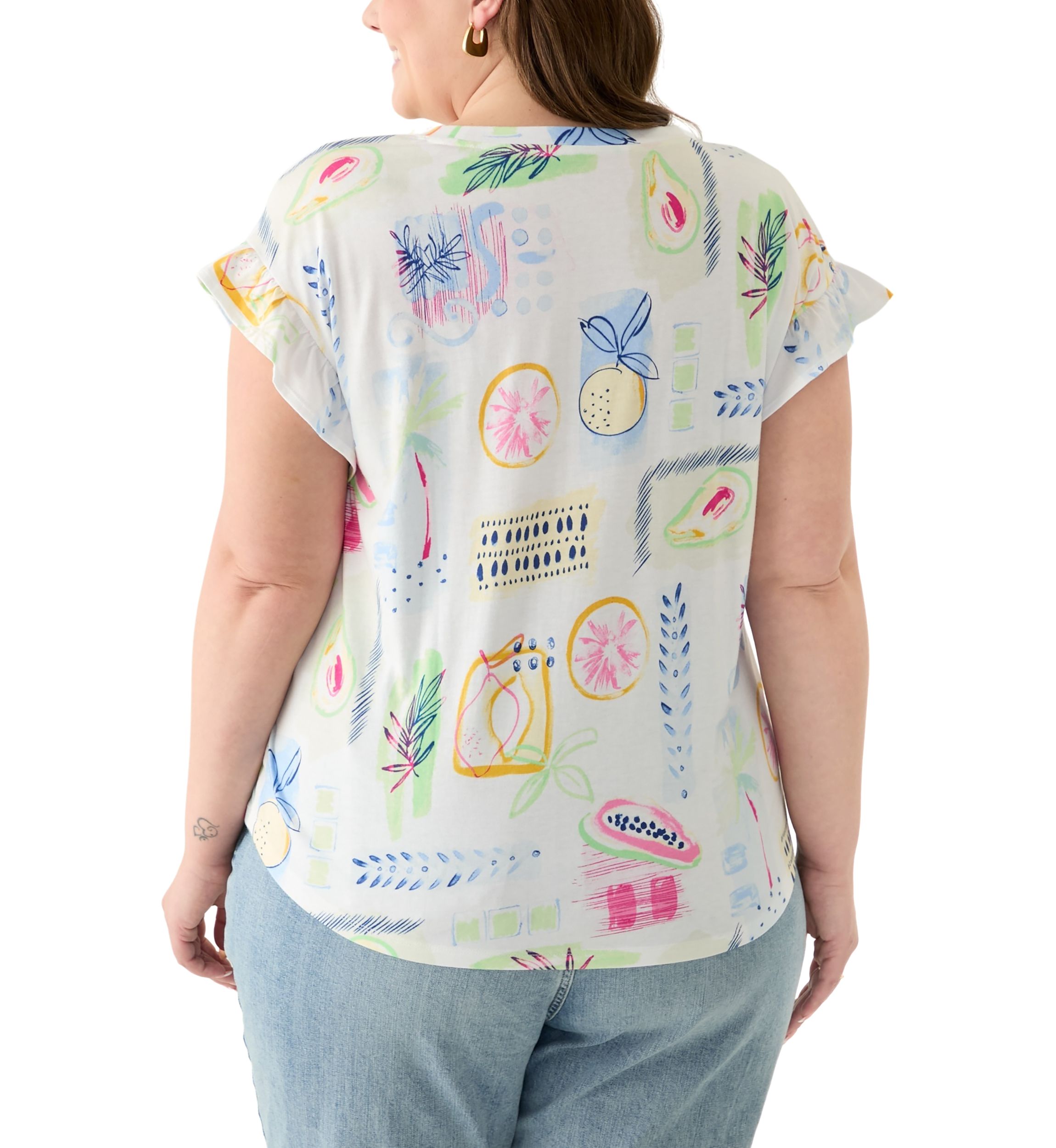Plus Size Short Ruffle Sleeve Printed T-Shirt