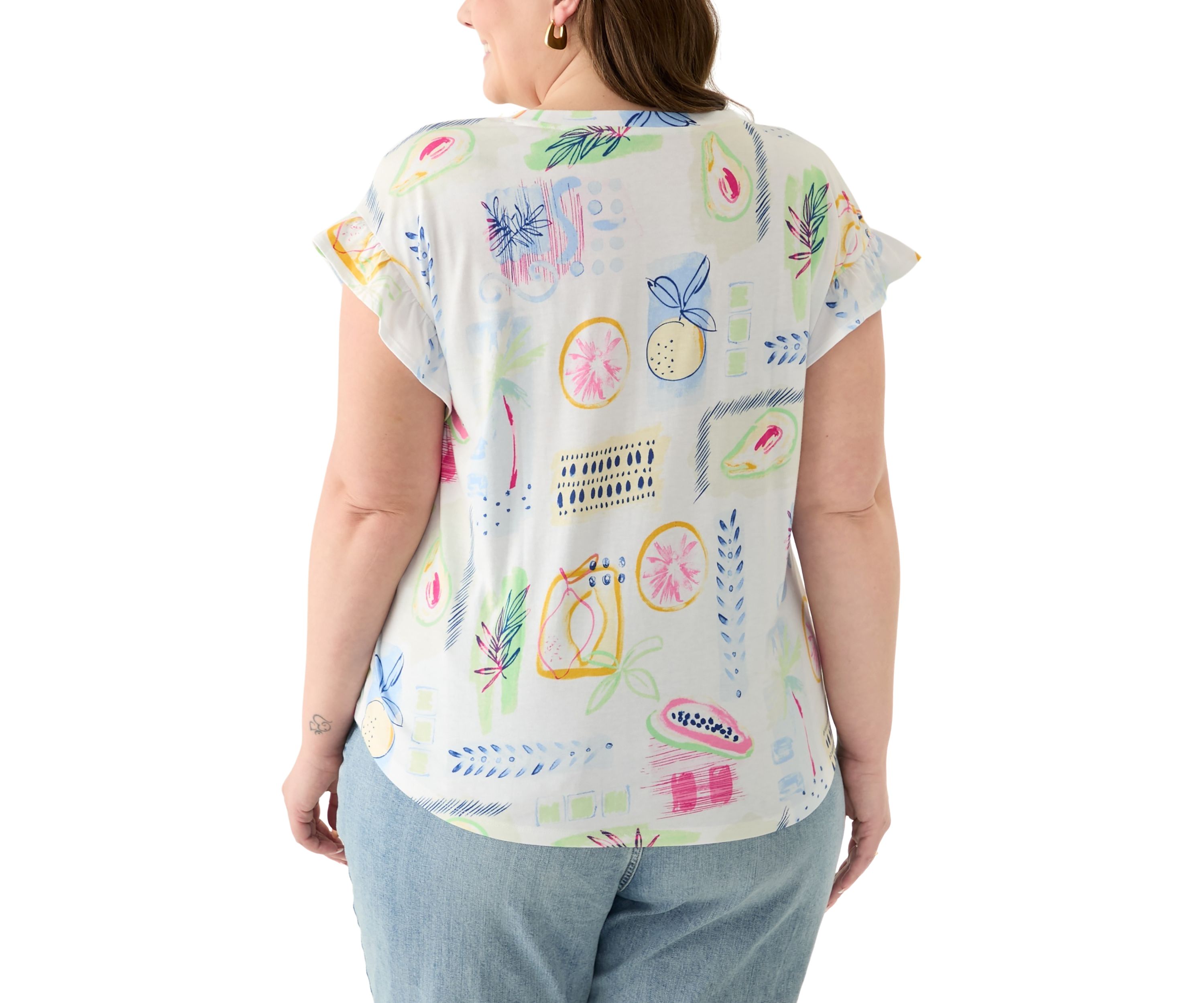 Plus Size Short Ruffle Sleeve Printed T-Shirt