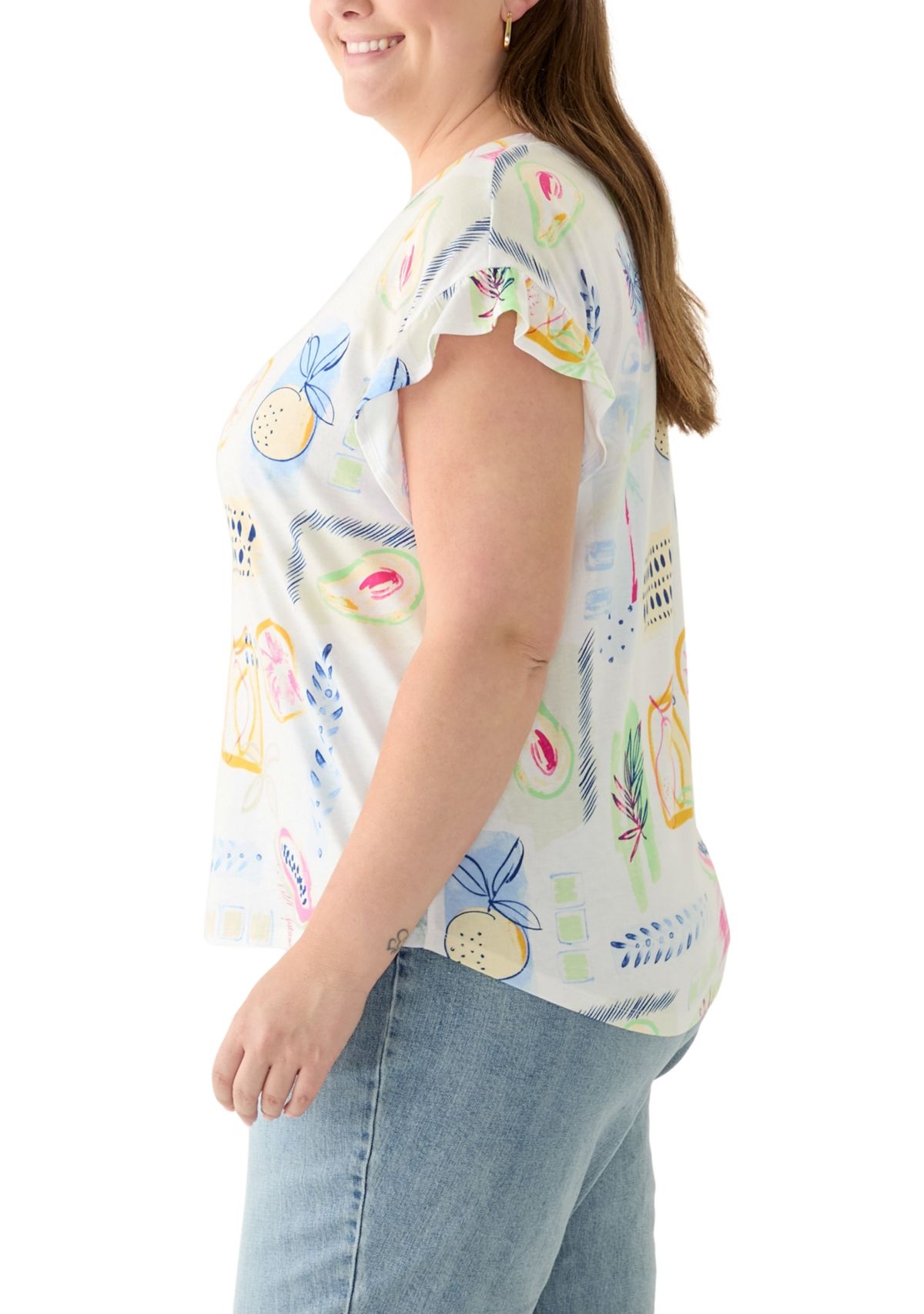 Plus Size Short Ruffle Sleeve Printed T-Shirt