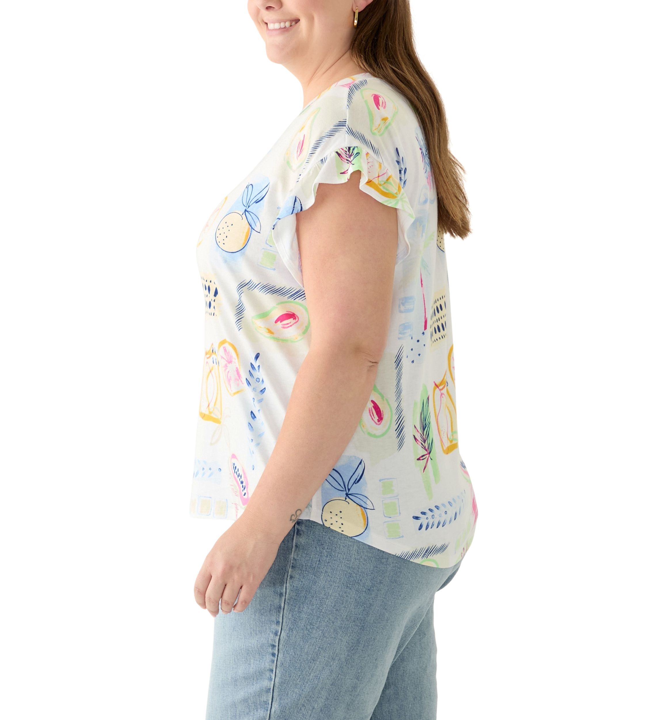 Plus Size Short Ruffle Sleeve Printed T-Shirt