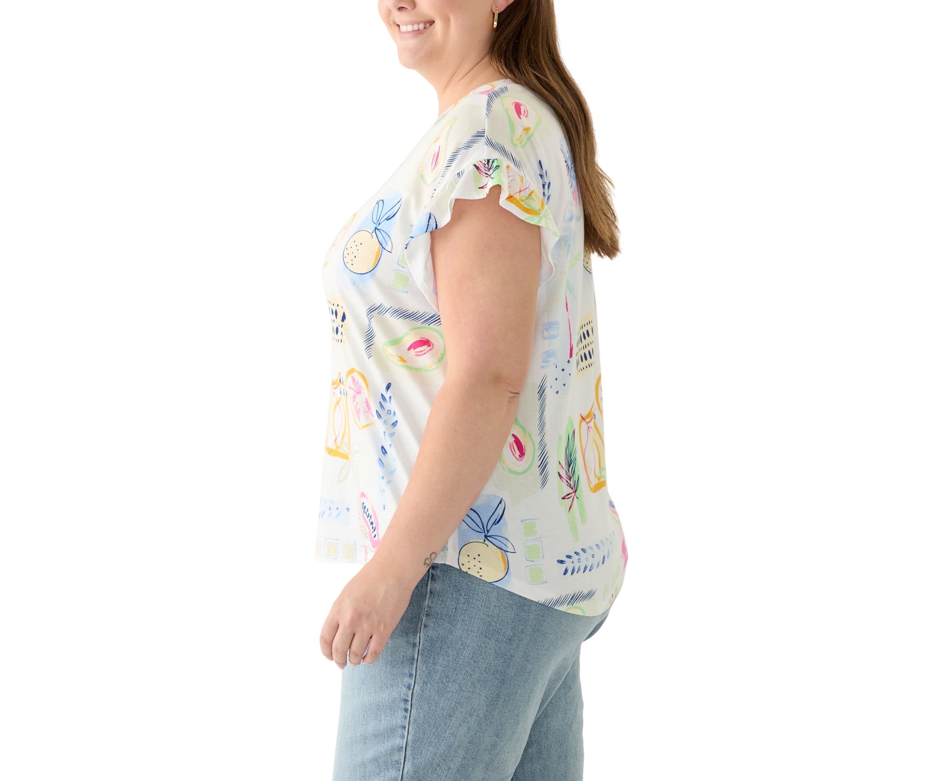 Plus Size Short Ruffle Sleeve Printed T-Shirt