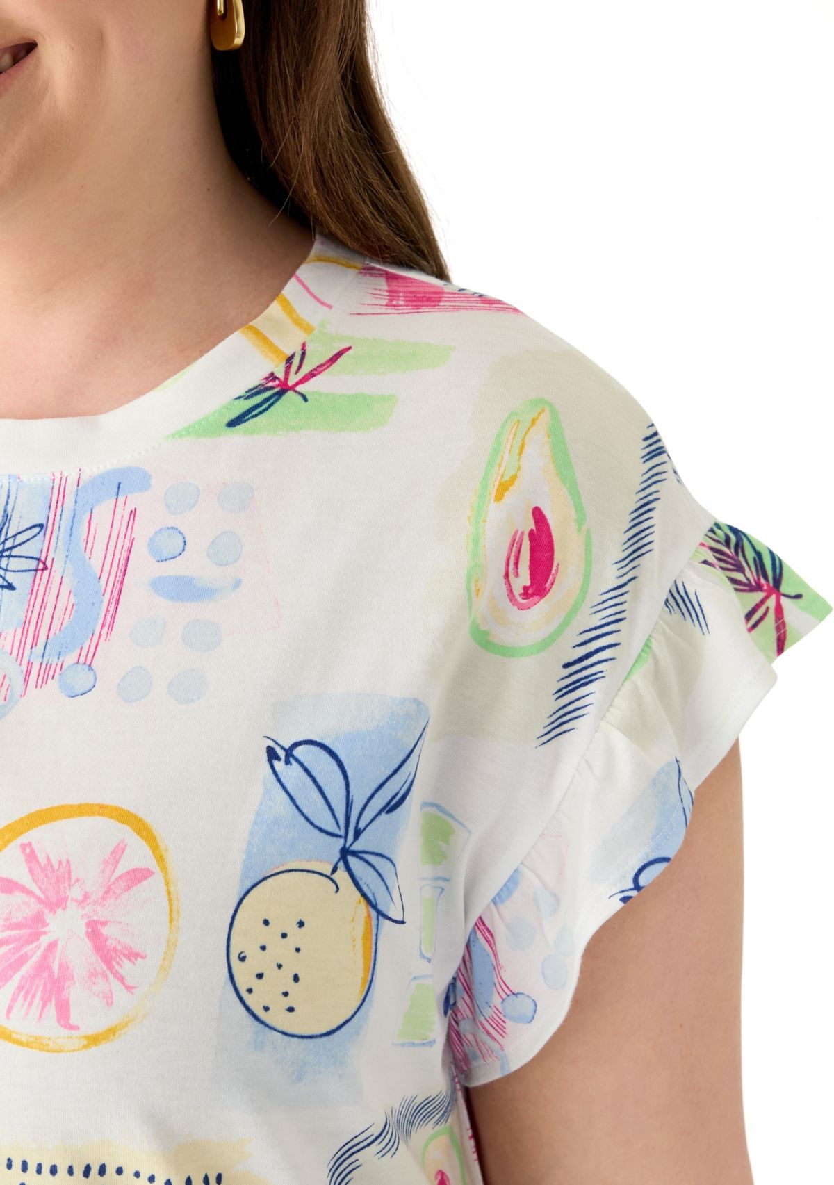 Plus Size Short Ruffle Sleeve Printed T-Shirt