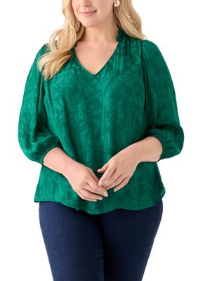 Crown & Ivy Women's Plus Size Shirred Jacquard Top, Green, 2X