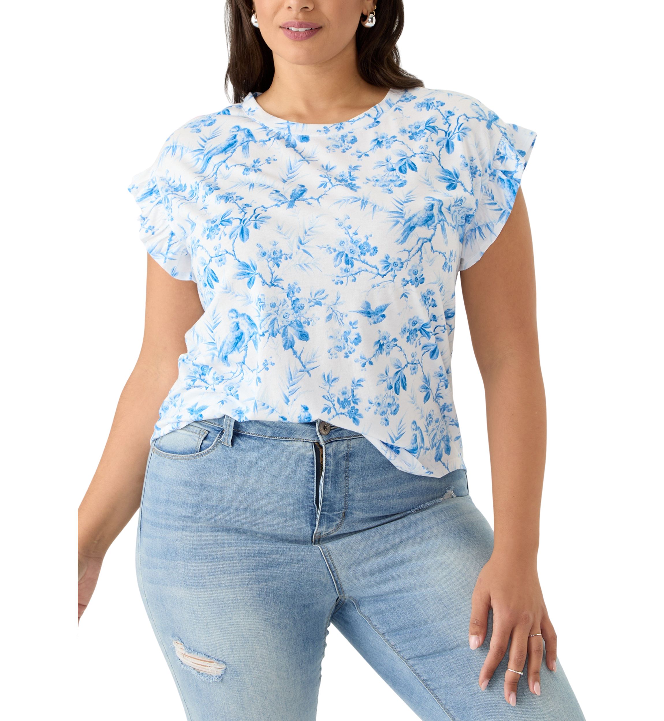 Plus Size Short Sleeve Ruffle Printed T-Shirt