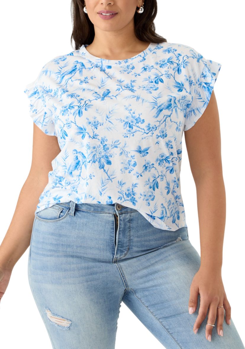 Plus Size Short Sleeve Ruffle Printed T-Shirt