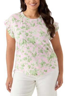 Crown & Ivy Women's Plus Size Short Sleeve Ruffle Printed T-Shirt, Green, 2X