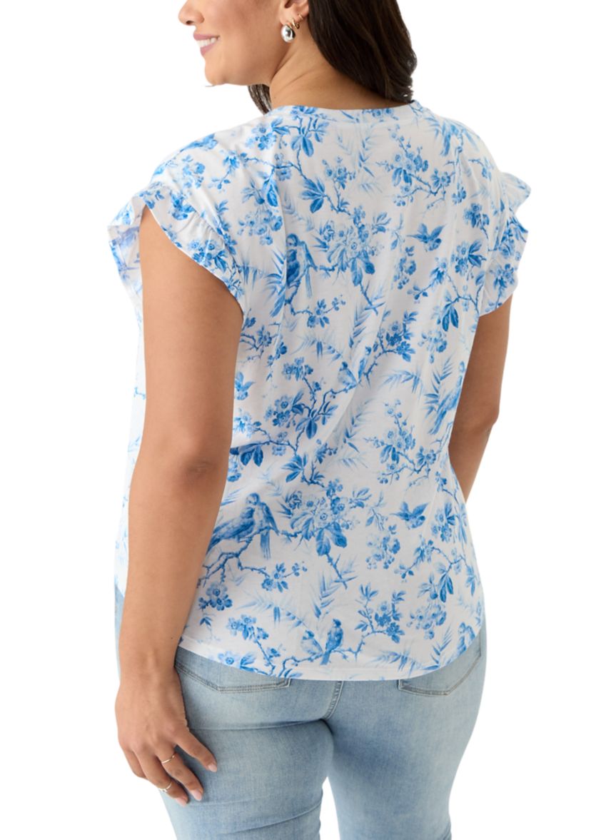 Plus Size Short Sleeve Ruffle Printed T-Shirt