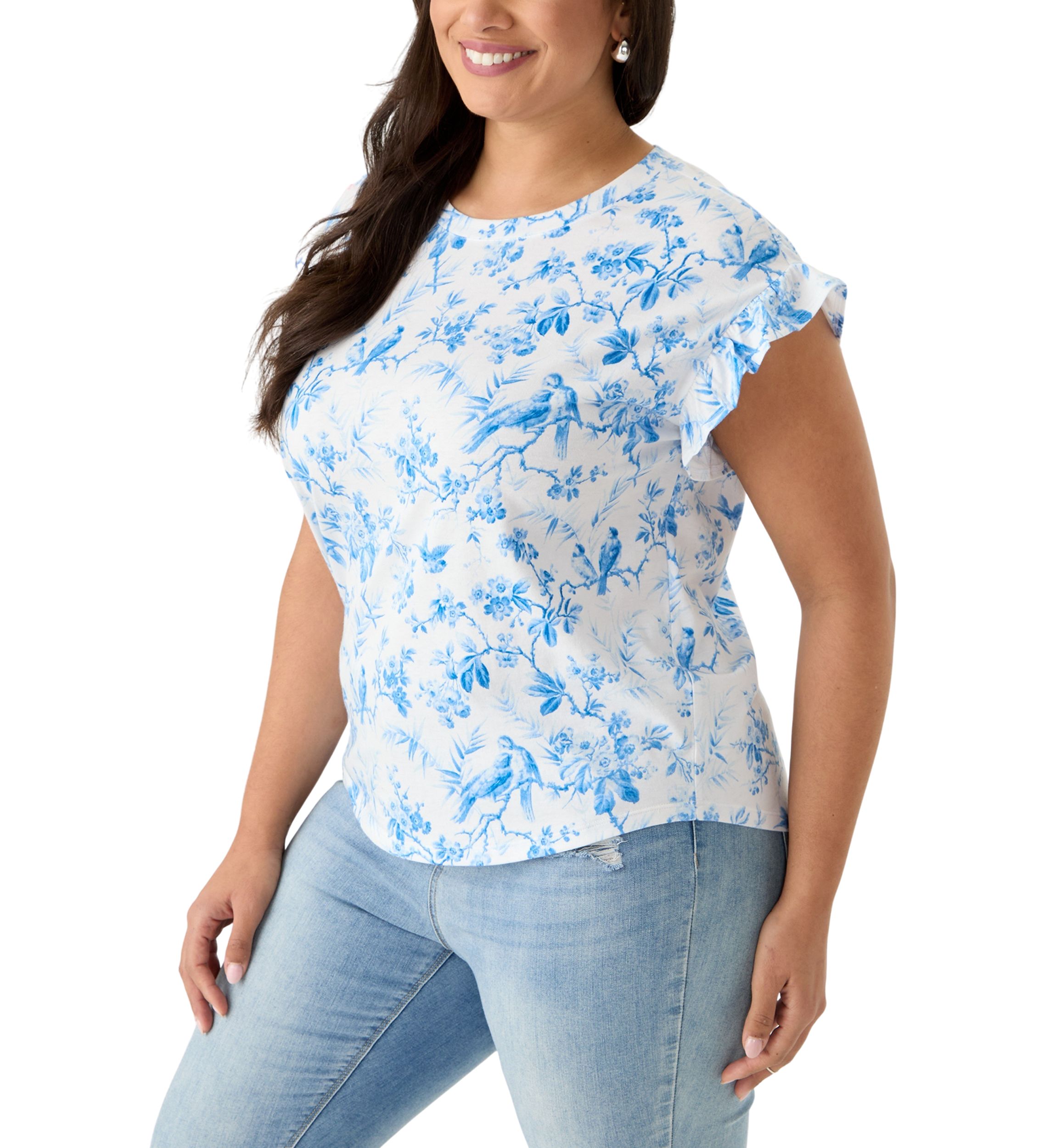 Plus Size Short Sleeve Ruffle Printed T-Shirt