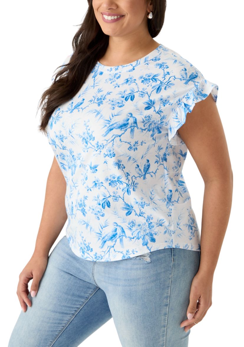 Plus Size Short Sleeve Ruffle Printed T-Shirt