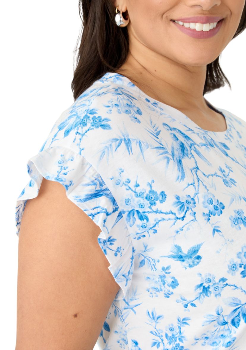 Plus Size Short Sleeve Ruffle Printed T-Shirt