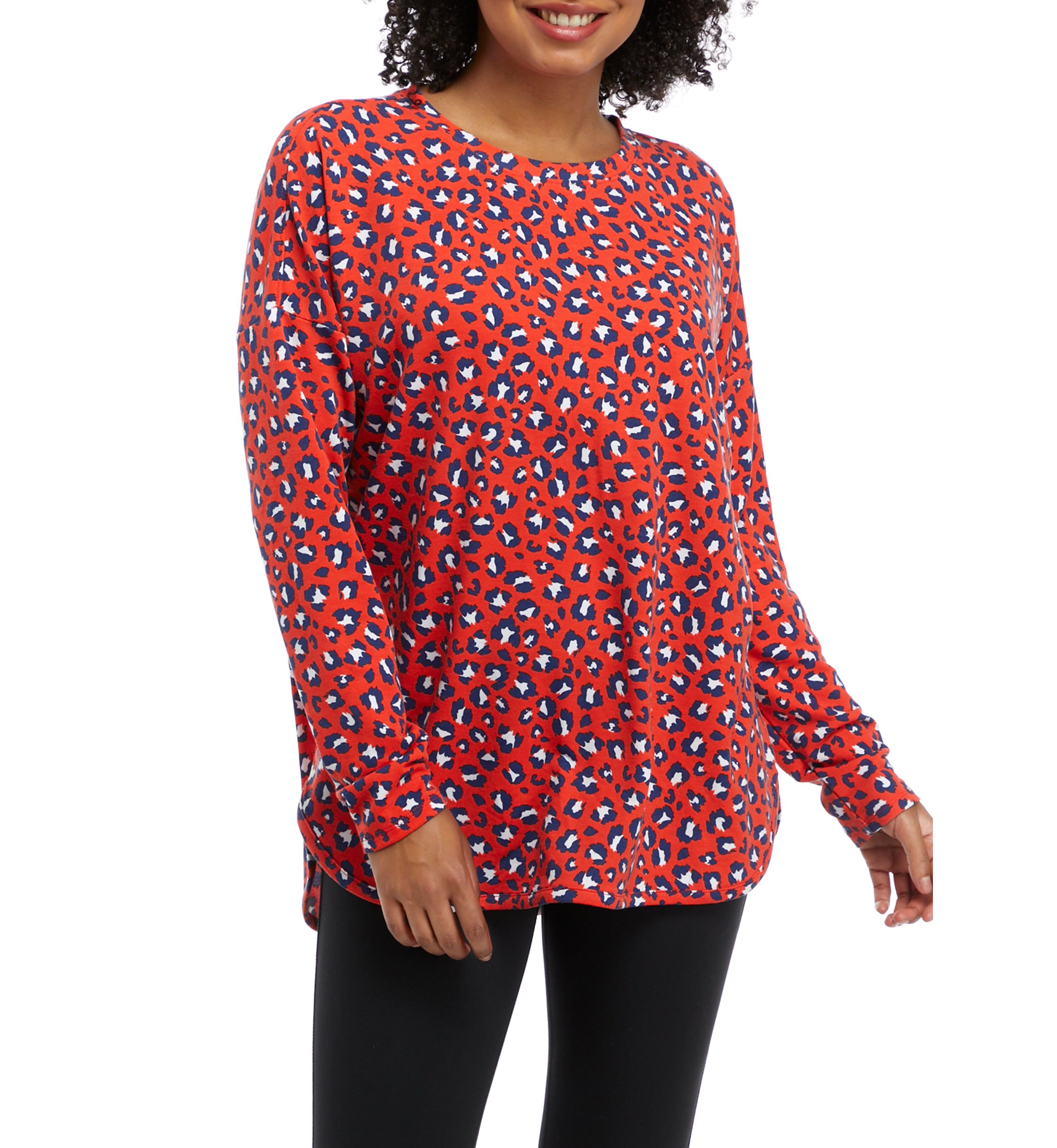  Womens Drop Shoulder Animal Print French Terry Top 
