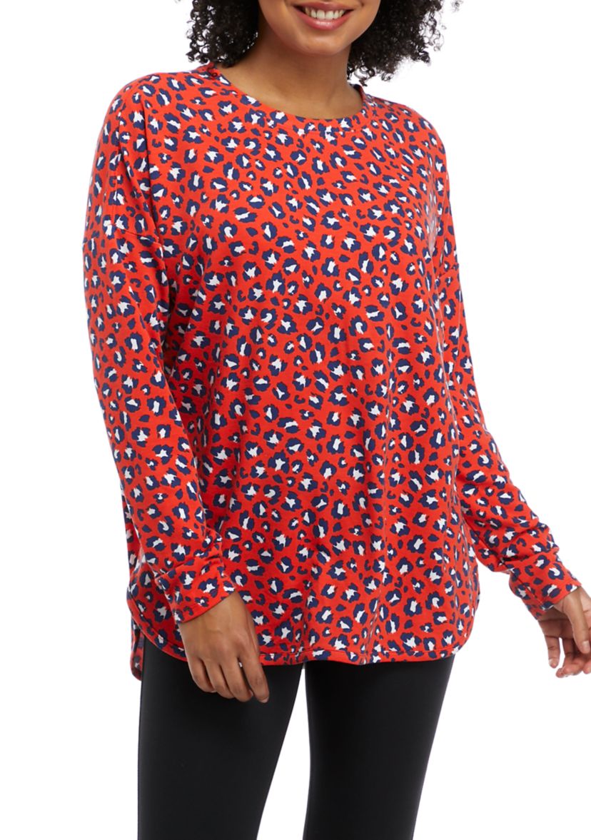  Womens Drop Shoulder Animal Print French Terry Top 