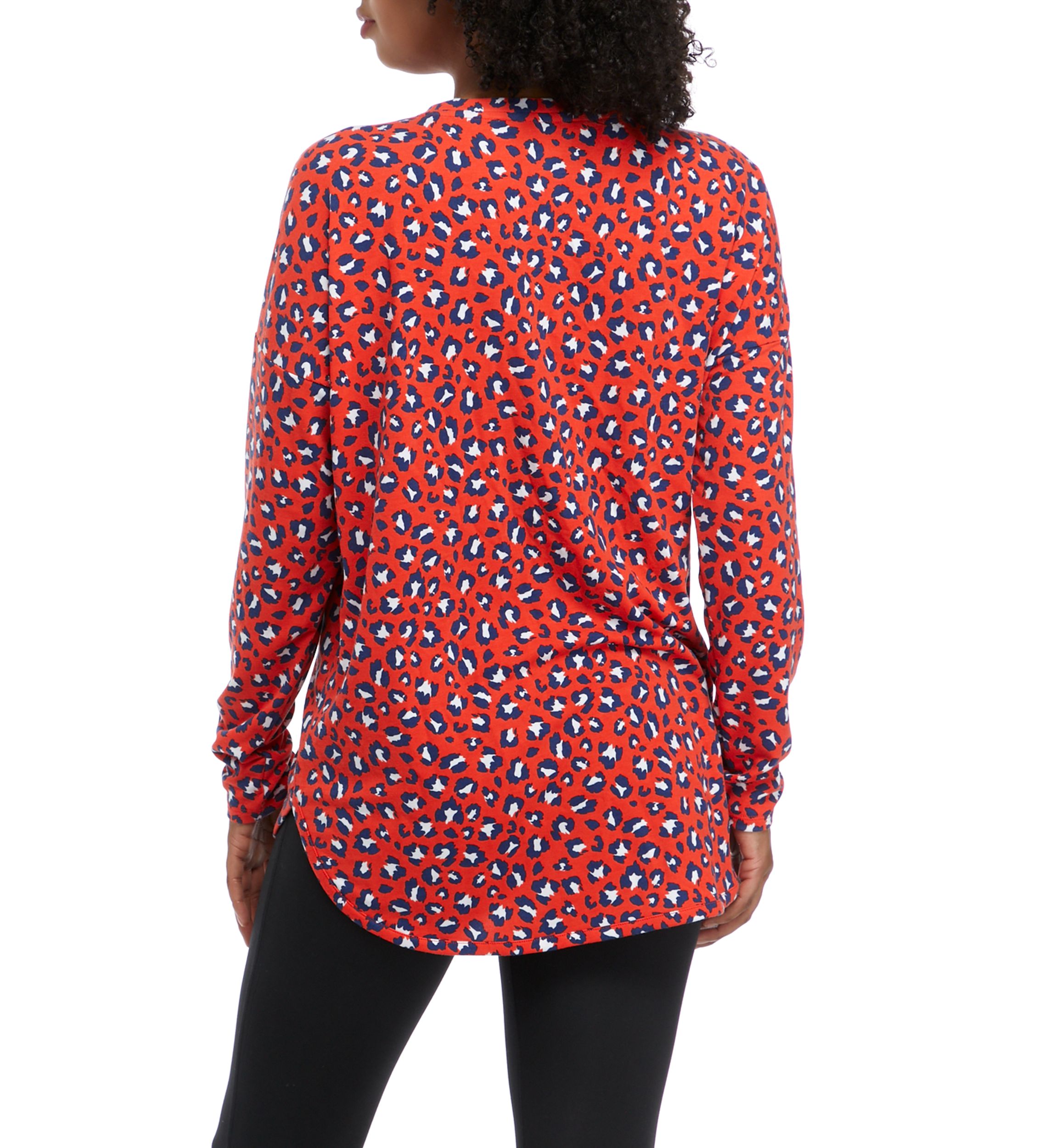  Womens Drop Shoulder Animal Print French Terry Top 