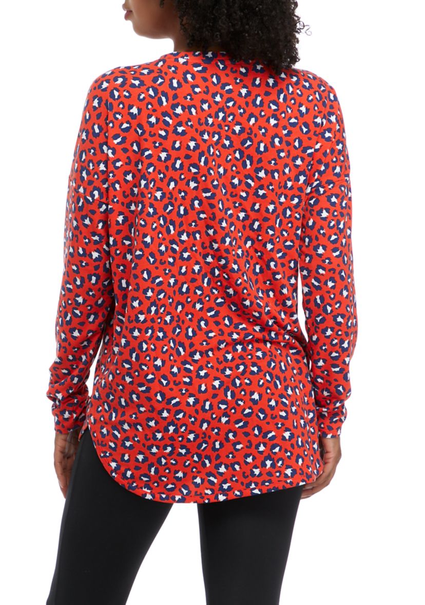  Womens Drop Shoulder Animal Print French Terry Top 